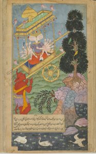 Vol.2 fol.297 Ravana aproveita a carruagem Puspaka da Kuvera (aquarela opaca, tinta e ouro sobre papel) de Indian School