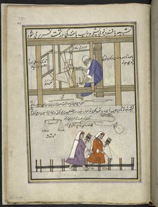 Tecelão num tear de pano grosseiro (patu); mulheres a fazer adornos, 86 desenhos presos num volume representando ofícios e profissões em Caxemira, Artesãos são mostrados no trabalho com os seus utensílios e equipamento, Por um artista de Caxemira, provavel de Indian School