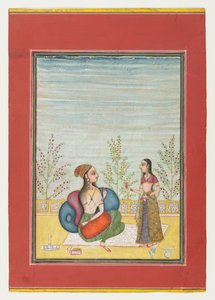 Mulher e atendente, c.1700-10 (wc opaca e ouro sobre papel) de Indian School