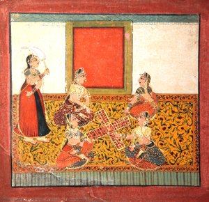 Mulheres jogando Parcheesi, sentado em um piso amarelo estampado espalhar, c.1725 (wc opaco e ouro no papel) de Indian School