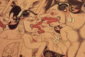 Detalhe de um pergaminho Wayang Beber (aguarela sobre papel) de Indonesian Indonesian