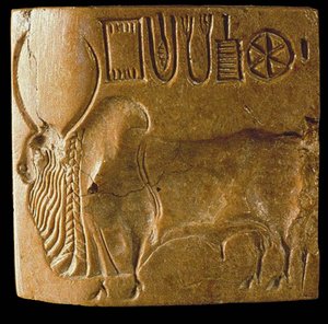 Zebu Bull Seal com Indus Script Encontrado em Mohenjo Daro, Vale do Indo, 3º milênio aC. de Indus Valley Civilisation.