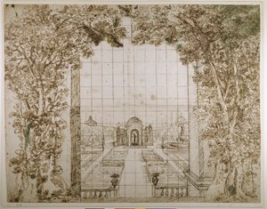 Um jardim e uma vila principesca (caneta e tinta sobre papel)