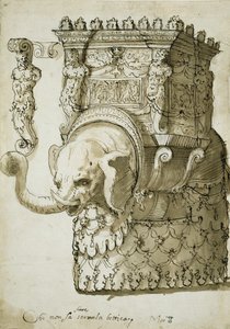 Design para um desfile de elefantes (caneta e tinta sobre papel) de Inigo Jones