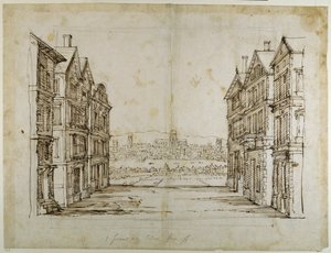 Casas inglesas com Londres e o Tamisa muito longe (caneta e tinta sobre papel) de Inigo Jones