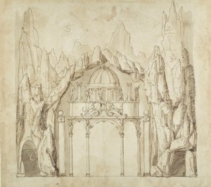 Palace in a cavern, c.1611 (caneta e tinta sobre papel) de Inigo Jones