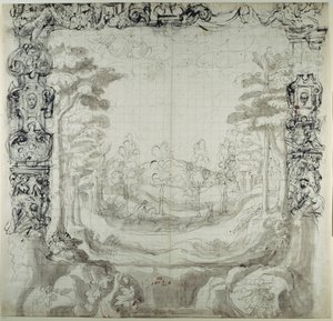 Proscênio e cena de caça (caneta e tinta sobre papel) de Inigo Jones
