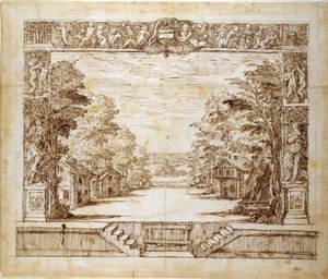 Proscênio e cena em pé, c.1635 (caneta e tinta sobre papel) de Inigo Jones