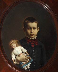 Retrato de uma menina com boneca na mão par Volkov, Iosif Petrovich (1854-após 1897). Óleo sobre tela de Iosif Petrovich Volkov