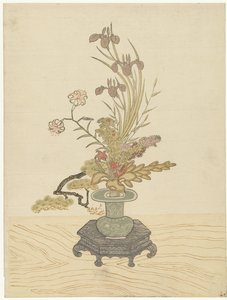Arranjo de flores Ikebana em vaso verde de Ippitsusai Bunchô (manner of)