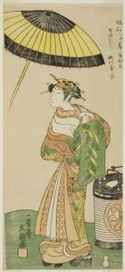 O ator Segawa Kikunojo II como a cortesã Hitachi na segunda parte da peça Wada Sakamori Osame no Mitsugumi (O Carrossel de Wada: A Última Bebida com um Conjunto de Três Copos), representada no Teatro Ichimura a partir do nono dia do segundo mês de 1771 de Ippitsusai Bunchō