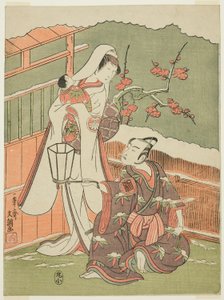 Actores Arashi Sangorô II asMinamoto no Yoritomo e Segawa Kikunojô II como a Mulher de Neve em "Cotton Wadding of Izu Protecting the Matrimonial Chrysanthemums" ("Myôto- giku Izu no Kisewata") de Ippitsusai Bunchō