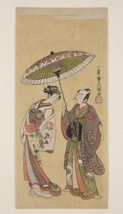Actores Ichikawa Yaoz? II como Soga no J?r? e Segawa Kikunoj? II como ?iso no Tora (impressão a cores de bloco de madeira) de Ippitsusai Bunchō