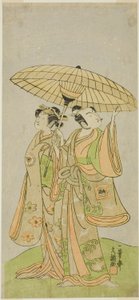 Os atores Ichikawa Komazo II como Chunagon Yukihira (direita), e Iwai Hanshiro IV como Murasame (esquerda), na peça Kuni no Hana Ono no Itsumoji, apresentada no Teatro Nakamura no décimo primeiro mês, 1771 de Ippitsusai Bunchō
