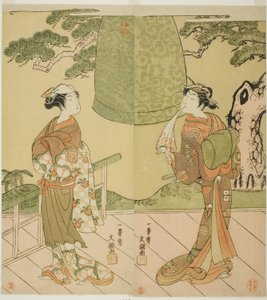 Os atores Ichimura Uzaemon IX como Shume no Hangan Morihisa (direita), e Sanogawa Ichimatsu II como Chujo (esquerda), na peça Edo no Hana Wakayagi Soga, apresentada no Teatro Ichimura no segundo mês, 1769 de Ippitsusai Bunchō