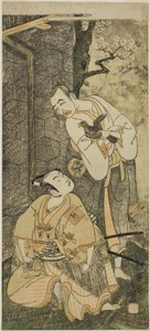 Os atores Nakamura Utaemon I como Seigen (direita), e Ichikawa Komazo II como Shimizu Tonoinosuke Kiyoharu (esquerda), na peça Soga Moyo Aigo no Wakamatsu, apresentada no Teatro Nakamura no terceiro mês, 1769 de Ippitsusai Bunchō