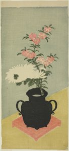 Crisântemos brancos e rosas em um vaso preto de Ippitsusai Bunchō