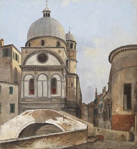 Vista para as igrejas Maria dei Miracole e Santa Maria Nova em Veneza de Ippolito Caffi
