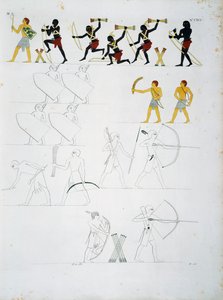 Cenas militares, soldados com arcos e flechas, de túmulos de Beni Hasan, Placa CXVIII, de monumentos do Egipto e Núbia: monumentos civis de Ippolito Rosellini