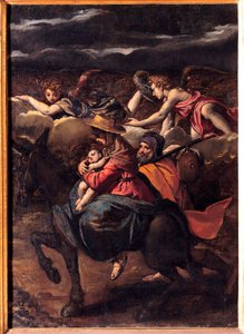 La fuite en Egypte - O voo para o Egipto - Pintura de Ippolito Scarsellino (Scarsella) (1551-1620), Óleo sobre tela 1585 (101x73 cm) - Musei Capitolini, Roma de Ippolito Scarcella