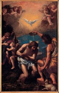 O batismo de Cristo - São João Batista batiza Jesus Cristo com as águas do Jordão com, acima delas, a pomba do Espírito Santo (Espírito Santo) - O Batismo de Cristo - Pintura de Ippolito Scarsellino (Scarsella) (1551-1620) ), Óleo sobre madeira 1585- de Ippolito Scarcella