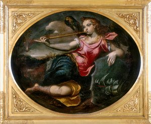 Fama, trabalho de Ippolito Scarsella, também conhecido como Lo Scarsellino, conservado na Galleria Estense em Modena