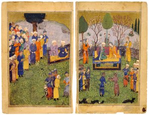 Um casal principesco com cortesãos em um jardim. Do Livro dos Reis de Shahnama de Iranian Master