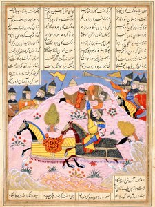 Malik tira Abul Mihjan da sela. De Khavarannama O livro do leste de ibn Husam al-D de Iranian Master
