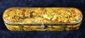 Uma caixa de caneta de papel machê, a parte superior pintada com a batalha de Chaldiran de Iranian School