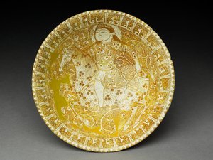Bacia com Cavaleiro e Insígnia Pseudo-Kufic (fritware com overglaze em brilho) de Iranian School
