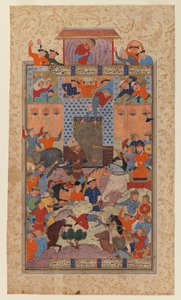 Folio de um Shahnameh: Os iranianos capturam Afrasiyabs Fortress, c.1580-1590 (tinta e papel wc opaco no papel)