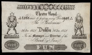Anúncio de uma pantomima no Theatre Royal, Dublin, com base numa nota do Bank of Ireland de Irish School