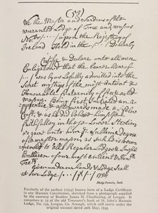 Primeiro certificado conhecido (irlandês) com um selo da Grande Loja, 1762 de Irish School