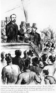 Michael Davitt dirigindo-se a 100.000 pessoas em Jones Wood, EUA, da Irish World, 5 de junho de 1880 de Irish School