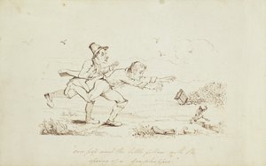 Sobre o Pop foi o pequeno companheiro com a Primavera de um gafanhoto, ilustração de livro mostrando dois irlandeses perseguindo um duende, século XIX (caneta e tinta no papel) de Irish School