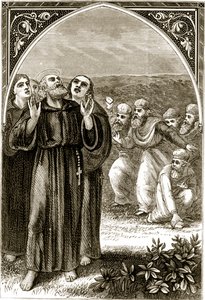 São Columba cantando, e atacado pelos druidas, de The Trias Thaumaturga, ou três santos trabalhadores da Irlanda, de Mary Cusack (1829-99), publicado em 1890 de Irish School