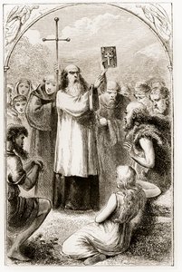 São Patrício mostrando ao povo da Irlanda os quatro evangelhos, de The Trias Thaumaturga, ou três santos trabalhadores da Irlanda, de Mary Cusack (1829-99), publicado em 1890 de Irish School