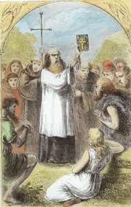 São Patrício mostrando ao povo da Irlanda os quatro evangelhos, de The Trias Thaumaturga, ou três santos trabalhadores da Irlanda, de Mary Cusack (1829-99), publicados em 1890 (posteriormente coloração). de Irish School