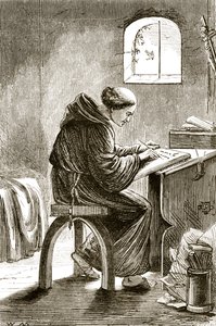 São Vicente, escrevendo em sua cela em Ferins, de The Trias Thaumaturga, ou Three Wonder-Working Saints of Ireland, de Mary Cusack (1829-99), publicado em 1890 de Irish School