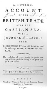 Página de rosto para um relato histórico do comércio britânico sobre o mar Cáspio, com um jornal de viagens de Jonas Hanway, 1754 de Irish School