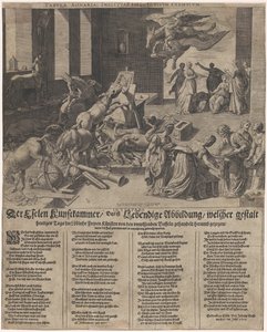 Esquece-se de uma arma
Der Eselen Kunstkammer, das ist lebendige Abbildung, welcher Gestalt heutiges Tag die löbliche freyen künsten von den unwissenden Buffeln gehandlet, herum gezogen (...) (título sobre o objecto) de Isaac Duchemin