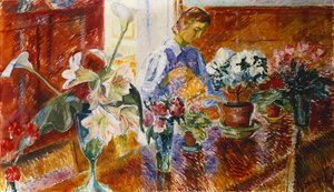 Um interior com plantas de rega de uma mulher de Isaac Grunwald