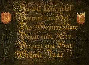 Um Maxim caligráfico com tulipas de Isaac Hondius