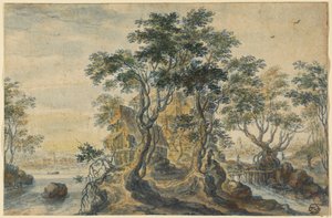 Paisagem fluvial com casa numa ilha rochosa de Isaac Major
