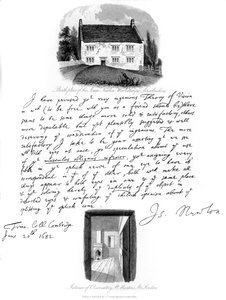 Uma carta de Isaac Newton e uma visão de seu local de nascimento em Woolsthorpe, Lincolnshire, 1682, 1840.