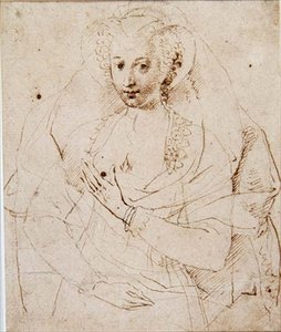 Retrato de uma senhora desconhecida, formalmente chamada Lucy Harrington, condessa de Bedford, um esboço para uma miniatura (nº 3902), c.1605 (caneta e tinta, giz sobre papel) (ver também 58811) de Isaac Oliver