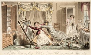 Um pequeno conjunto no Longs Hotel ou Stop-Ford, não obtendo o melhor dele, do The English Spy, pub. 1824 (gravura colorida à mão) de Isaac Robert Cruikshank