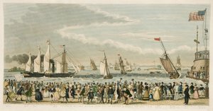 Chegada do Great Western Steam Ship, em Nova York na segunda-feira, 23 de abril de 1838, pub. 1842 (gravura colorida à mão) de Isaac Robert Cruikshank