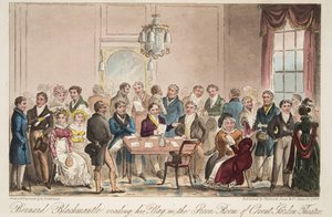 Bernard Blackmantle lendo sua peça na Sala Verde do Covent Garden Theatre, do The English Spy, pub. 1824 (gravura colorida à mão) de Isaac Robert Cruikshank