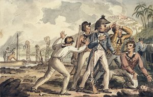 Capitão Burney descobrindo seus companheiros assassinados, ilustração de "The Voyages of Captain Cook" de Isaac Robert Cruikshank